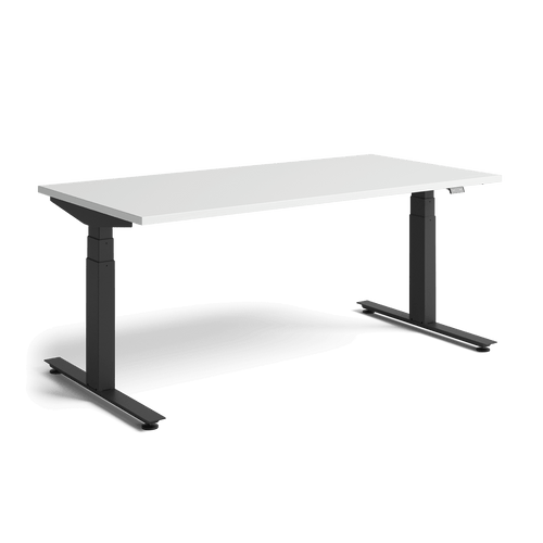 Herman Millerin Nevi-pelipöytä, jossa on mustat jalat ja valkoinen pöytälevy edestä.