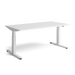 Herman Millerin Nevi-sit-stand-pelipöytä, jossa on valkoiset jalat ja valkoinen yläosa edestä.